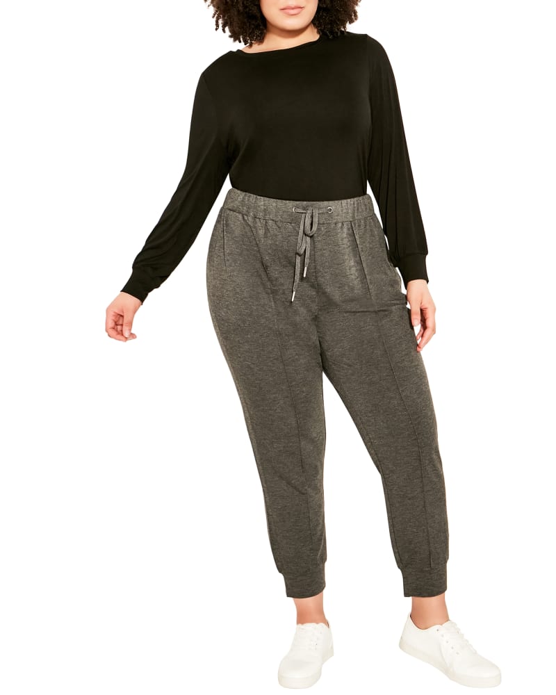 Front of a model wearing a size 14 PANT STITCH SEAM in Charcoal Marle by Zim & Zoe. | dia_product_style_image_id:256532